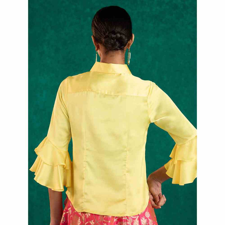 Gajra Gang Dreamy Drapes Lemon Yellow Ruffled Sleeves Shirt