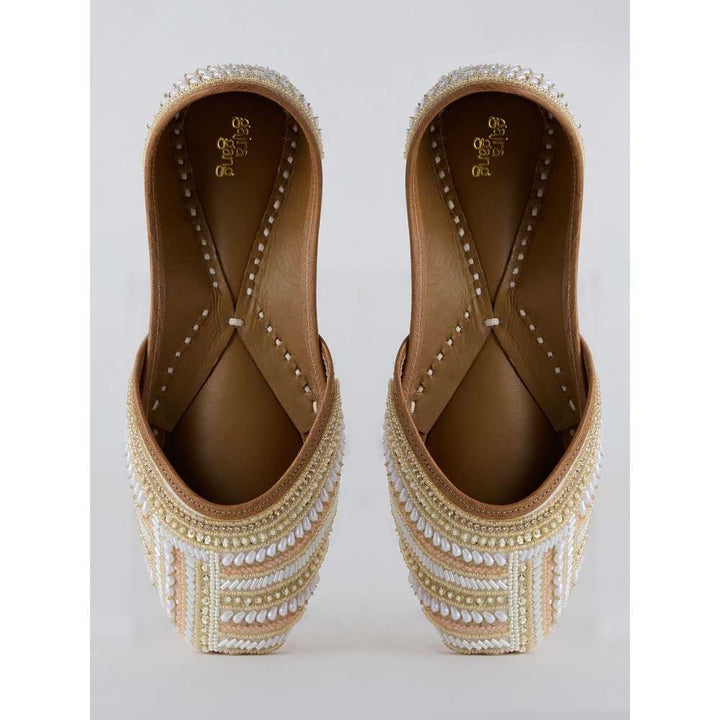 Gajra Gang Gold and White Pearl Embroidered Leather Juttis