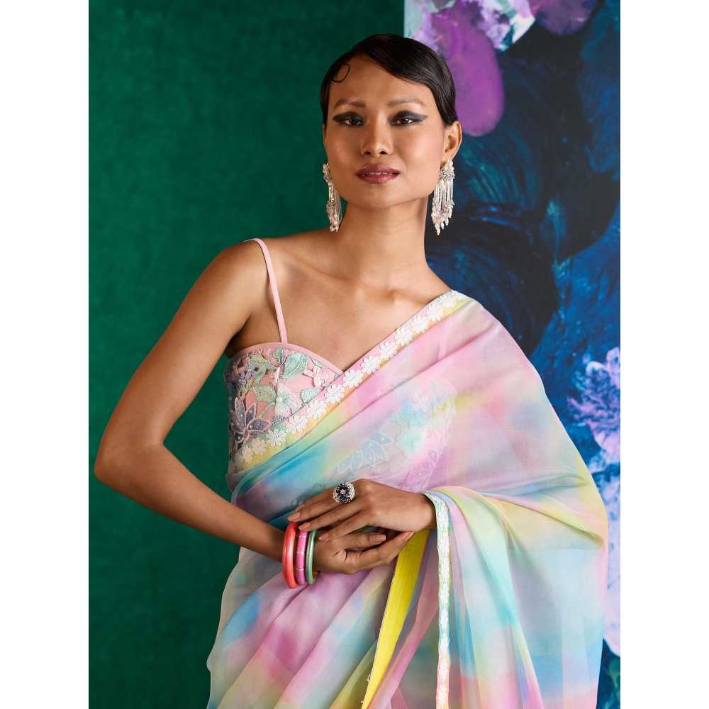 Gajra Gang Lavendare Multi-Color Printed Butterfly Embroidered Saree