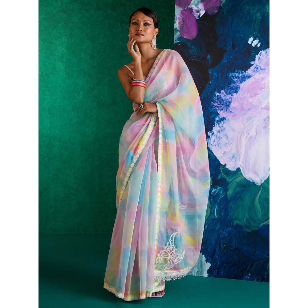Gajra Gang Lavendare Multi-Color Printed Butterfly Embroidered Saree