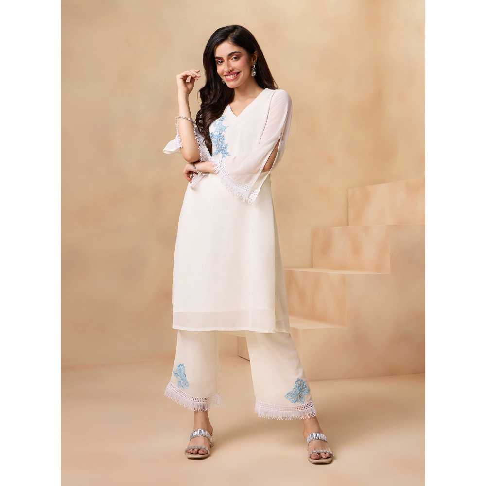 Gajra Gang Lavendare Blue White Butterfly Embroidered Fringed Hem Palazzo
