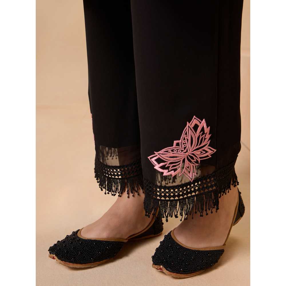Gajra Gang Lavendare Black Butterfly Embroidered Fringed Hem Pants