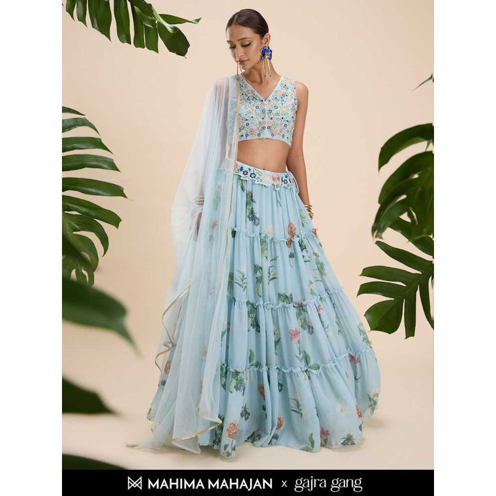 Gajra Gang Mahima Mahajan Blue Embellished Top and Printed Skirt