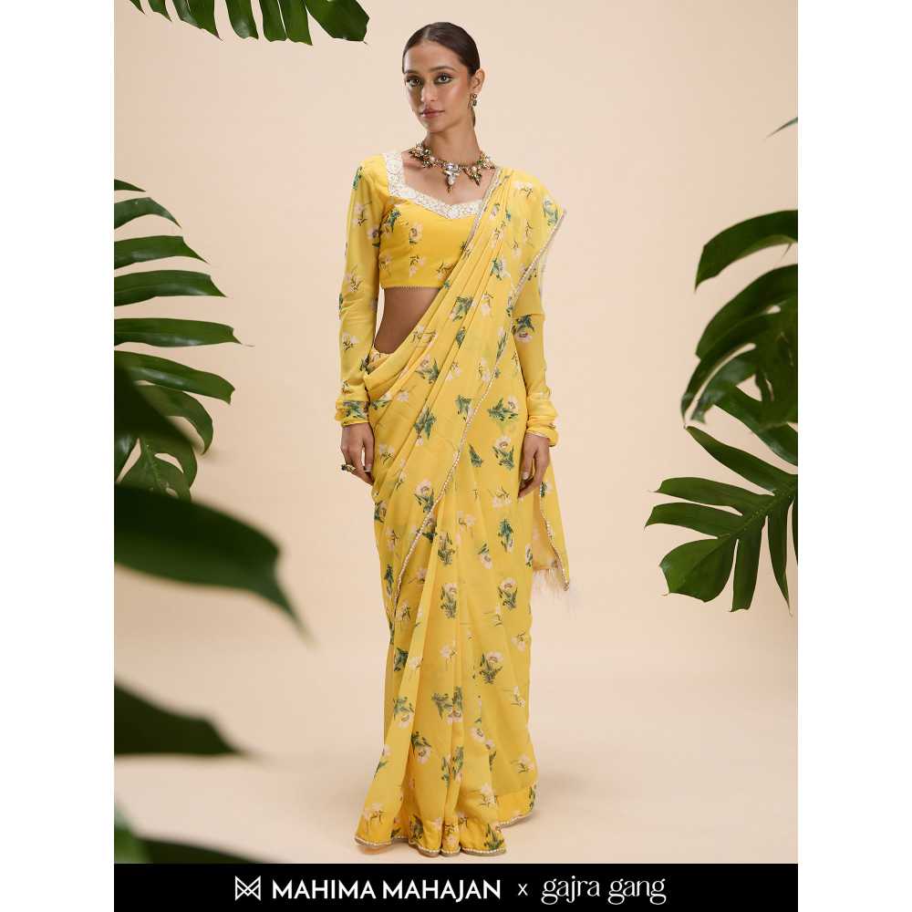 Gajra Gang Mahima Mahajan Yellow Digital Floral Printed Saree (Set of 2)