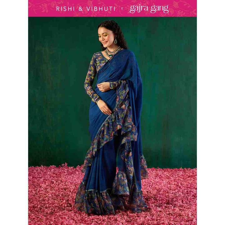 Gajra Gang Rishi Vibhuti Blue Printed Frill Embellished Ruffled Saree GGRVSAR01