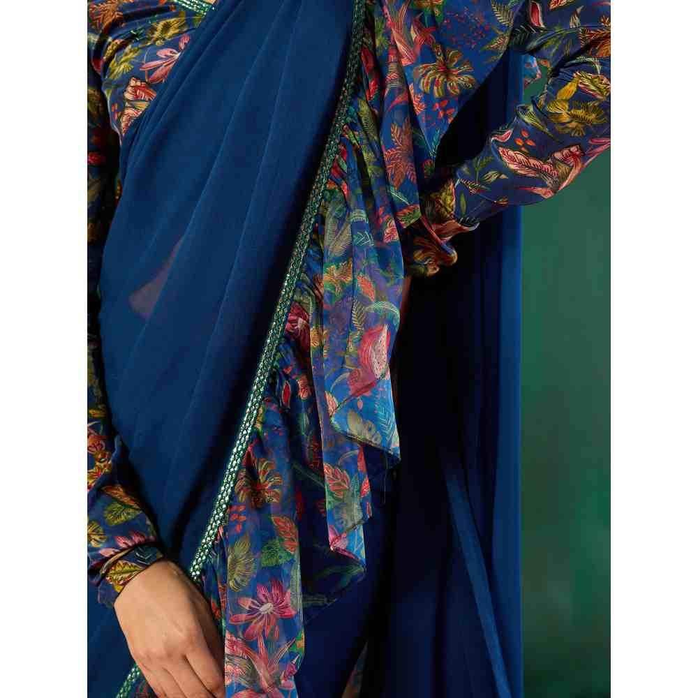 Gajra Gang Rishi Vibhuti Blue Printed Frill Embellished Ruffled Saree GGRVSAR01