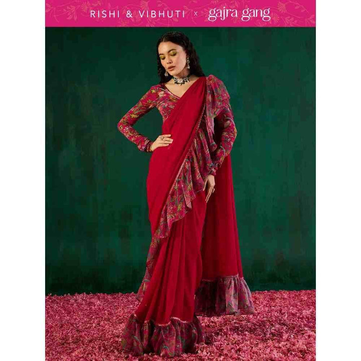 Gajra Gang Rishi Vibhuti Pink Printed Frill Embellished Ruffled Saree GGRVSAR01