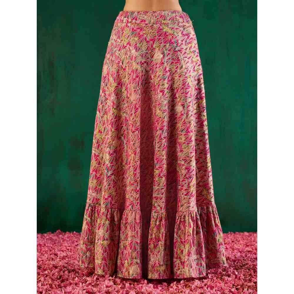Gajra Gang Rishi Vibhuti Pink Printed Tiered Ethnic Skirt GGRVSKT01