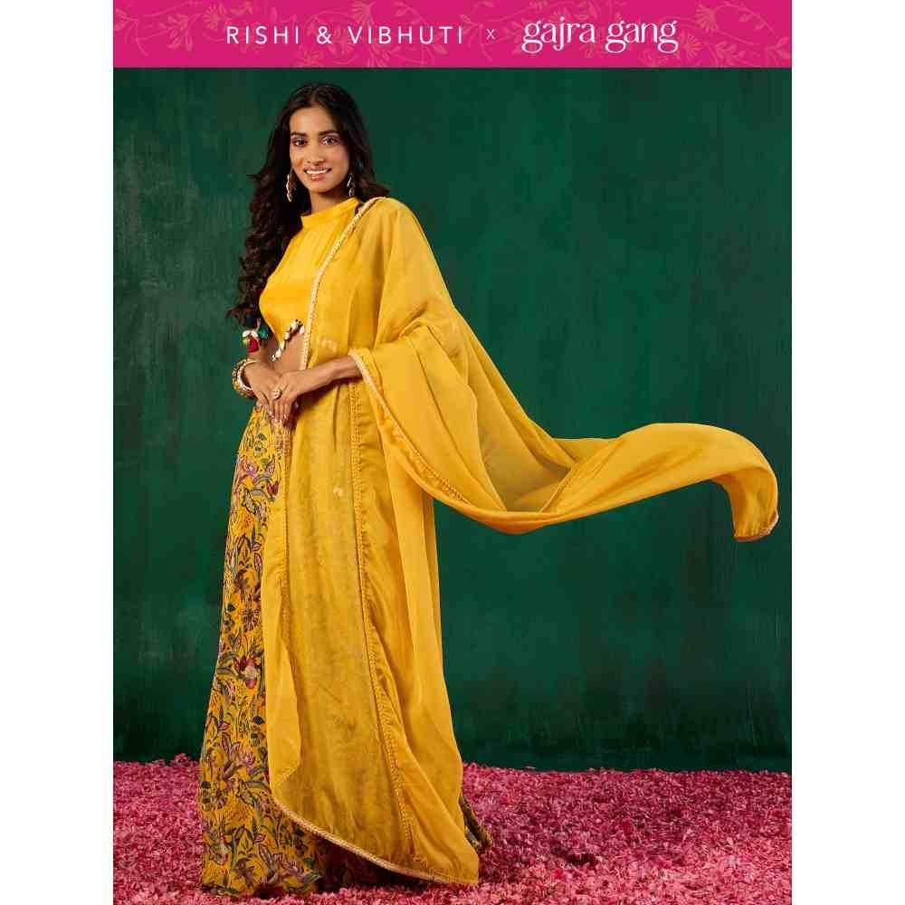 Gajra Gang Rishi Vibhuti Yellow Printed Top, Skirt & Dupatta (Set of 3) GGRVLEH01