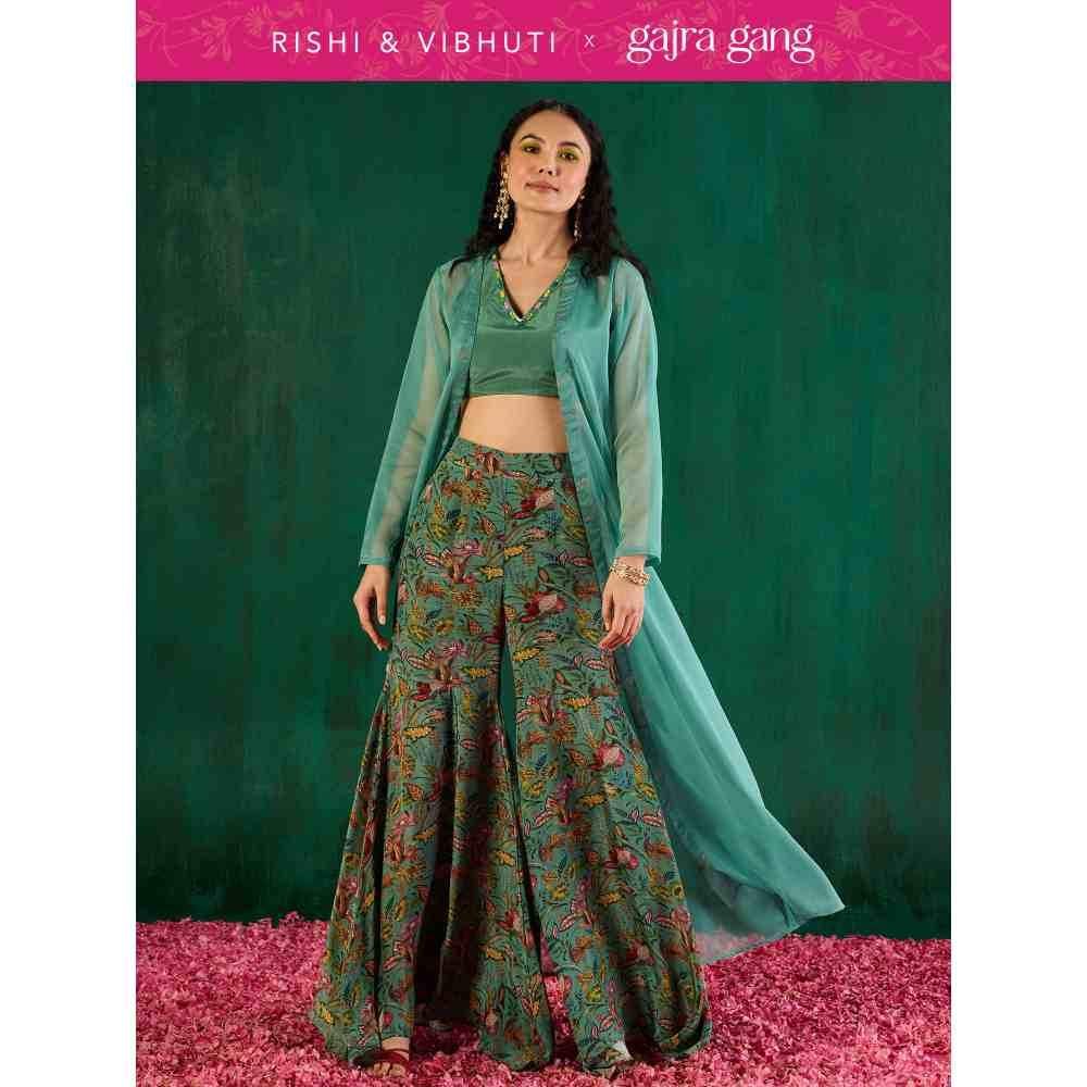 Gajra Gang Rishi Vibhuti Teal Printed Top, Skirt & Jacket Co-ord Set (Set of 3) GGRVSKD04
