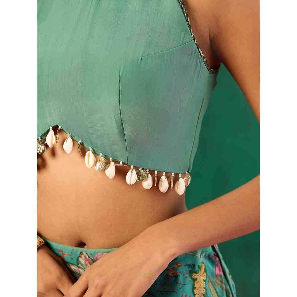 Gajra Gang Rishi Vibhuti Teal Shell Tassel embellished incut Blouse GGRVBL06