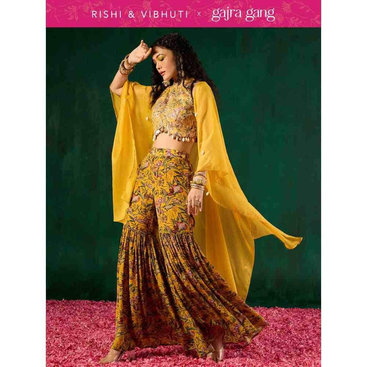 Gajra Gang Rishi Vibhuti Yellow Printed Top, Sharara & Jacket Co-ord Set (Set of 3) GGRVSKD02
