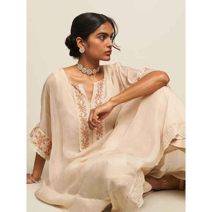 Ganga Fashions Almond Milk Organza Kaftan with Multi Colour Thread Embroidery (Set of 2)