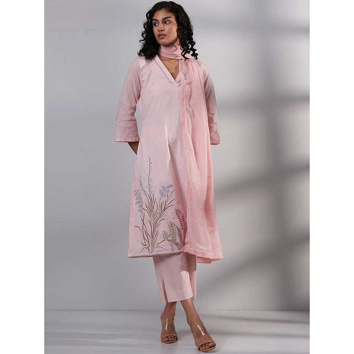 Ganga Fashions Pink Embroidered Cotton Kurta With Pant And Dupatta (Set of 3)