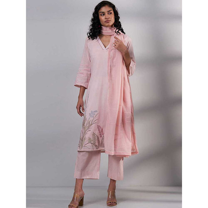 Ganga Fashions Pink Embroidered Cotton Kurta With Pant And Dupatta (Set of 3)