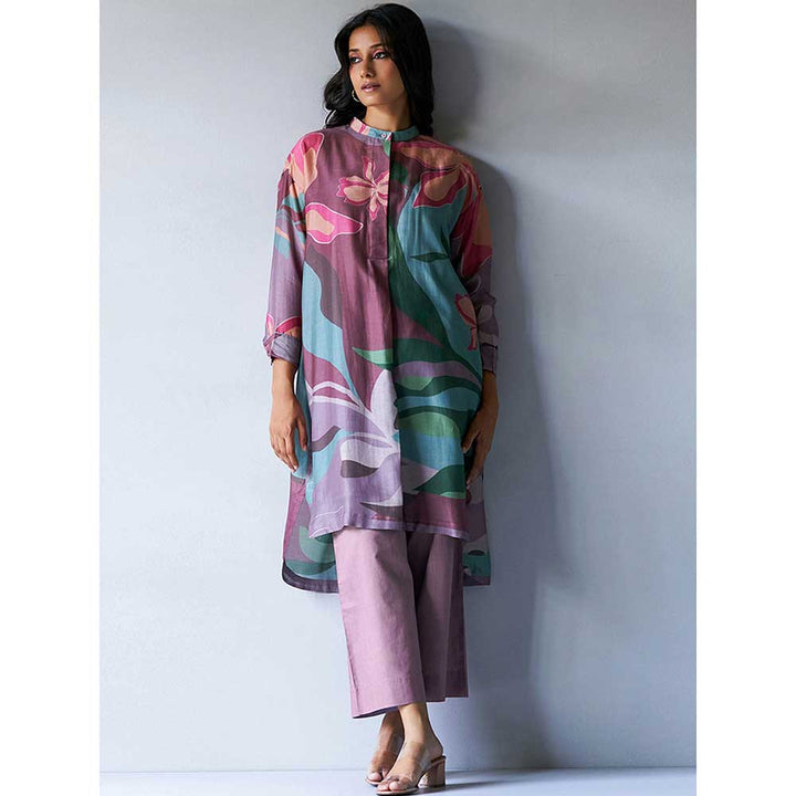 Ganga Fashions Dusty Lilac & Rose Pink Multi Color Bemberg Silk Printed Kurta Pant (Set of 2)