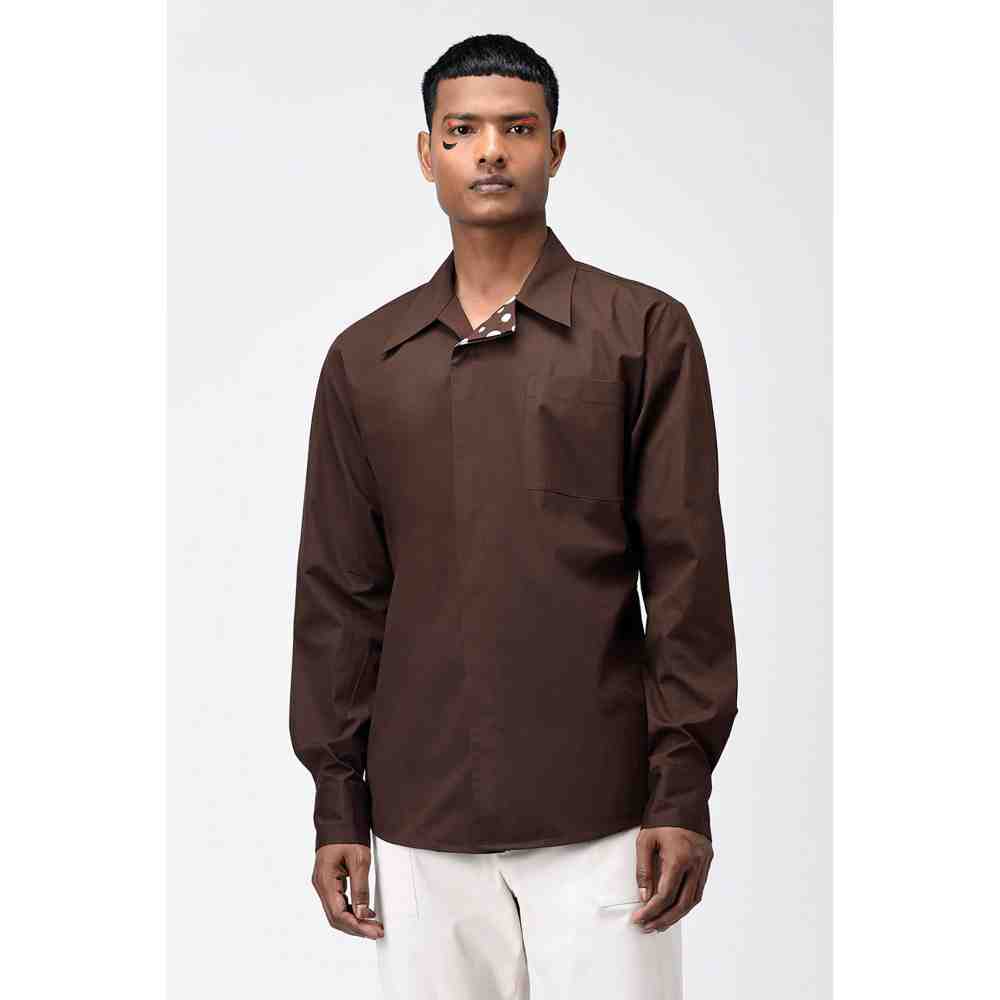 Genes Lecoanet Hemant Umber Brown Mens Shirt with Asymmetric Placket