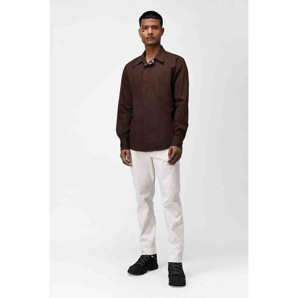 Genes Lecoanet Hemant Umber Brown Mens Shirt with Asymmetric Placket