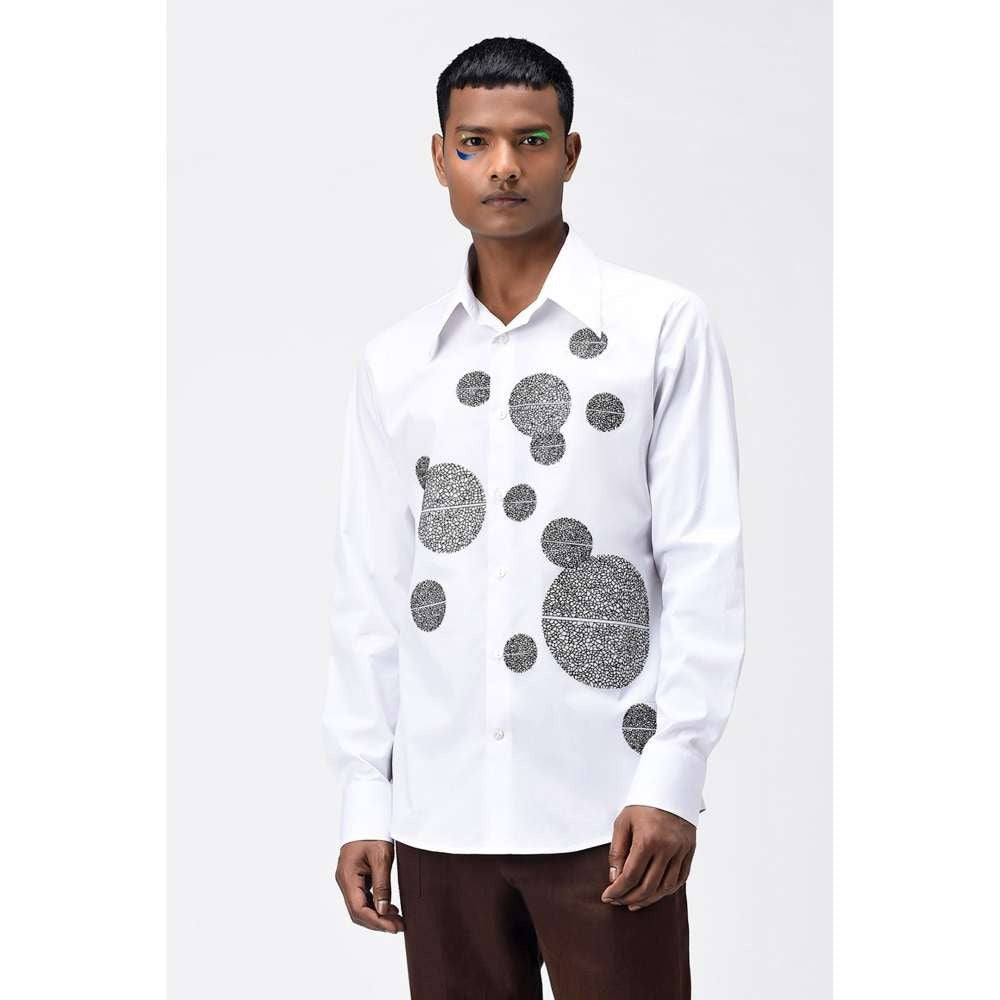 Genes Lecoanet Hemant Mens White Shirt with Asymmetric Polka Embroidery