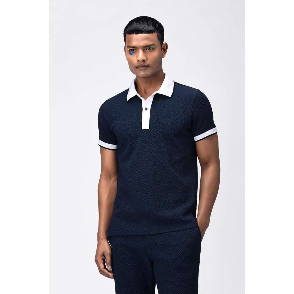 Genes Lecoanet Hemant Mens Seersucker Navy Blue Polo T-Shirt