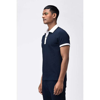 Genes Lecoanet Hemant Mens Seersucker Navy Blue Polo T-Shirt