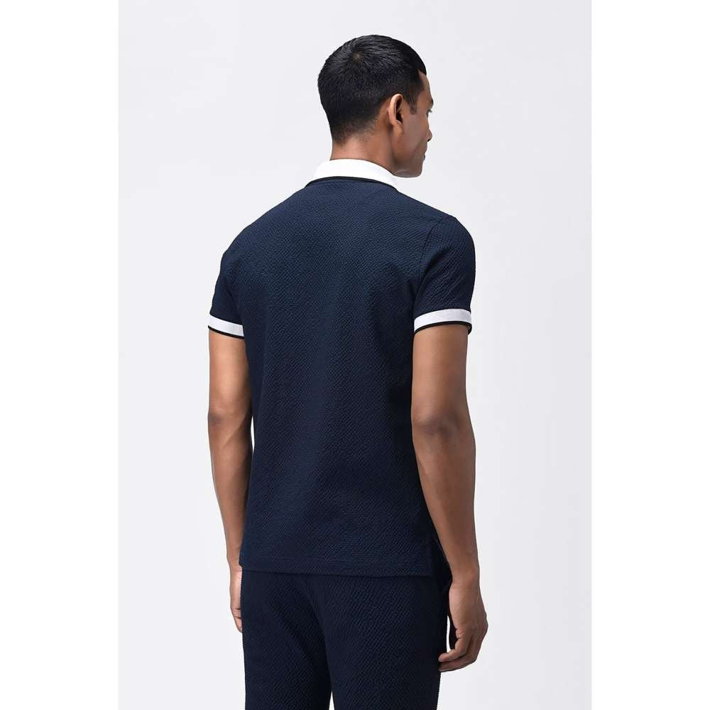 Genes Lecoanet Hemant Mens Seersucker Navy Blue Polo T-Shirt