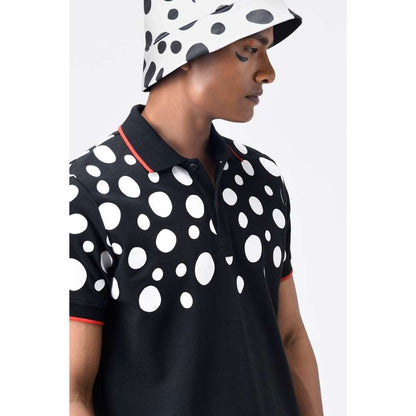 Genes Lecoanet Hemant Black & White Polka Dot Printed Mens Polo T-Shirt