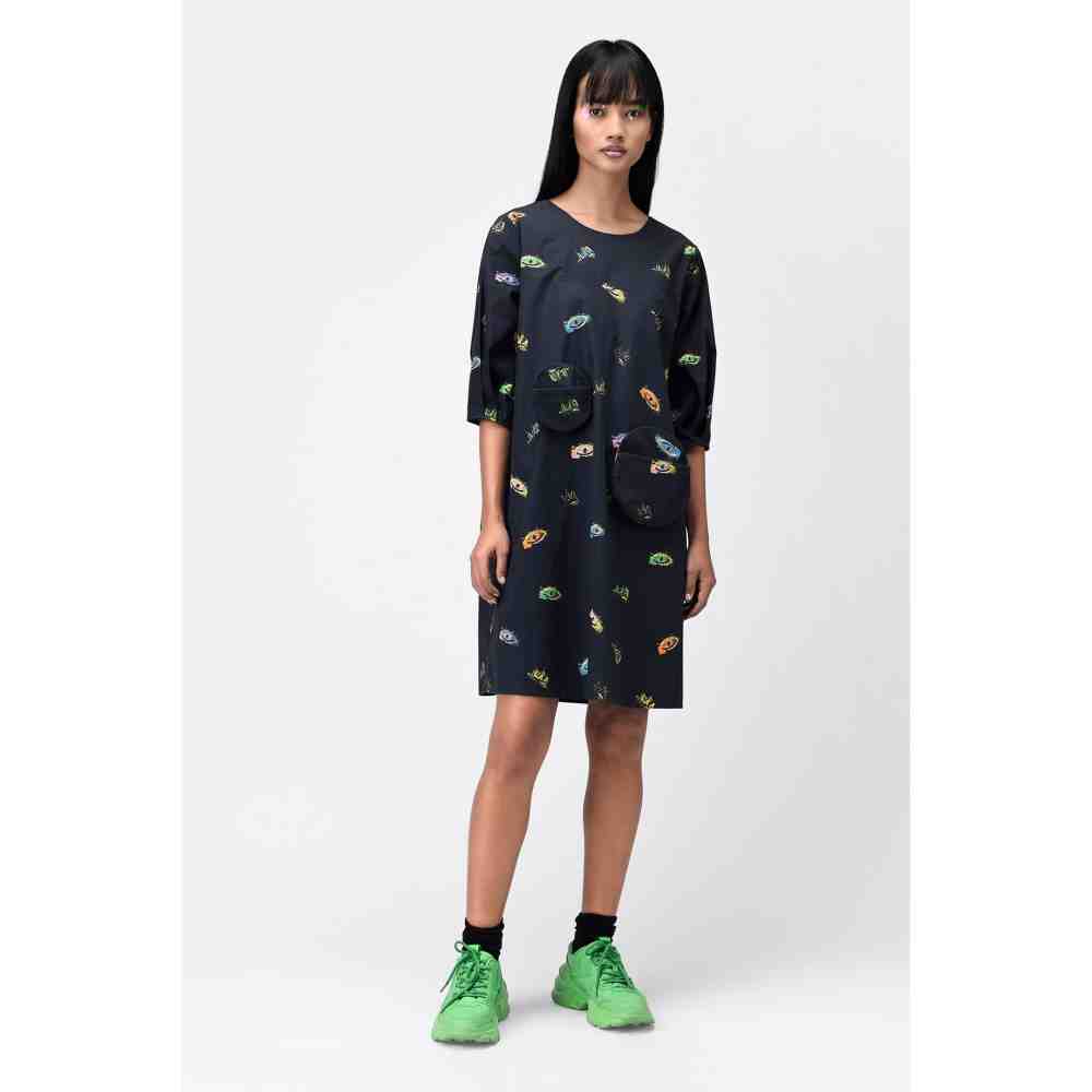 Genes Lecoanet Hemant Black Printed Dress with Detachable Sling Bag