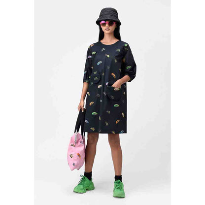 Genes Lecoanet Hemant Black Printed Dress with Detachable Sling Bag
