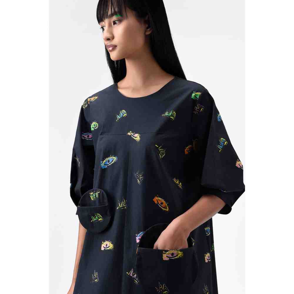 Genes Lecoanet Hemant Black Printed Dress with Detachable Sling Bag