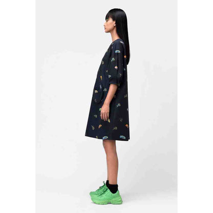 Genes Lecoanet Hemant Black Printed Dress with Detachable Sling Bag