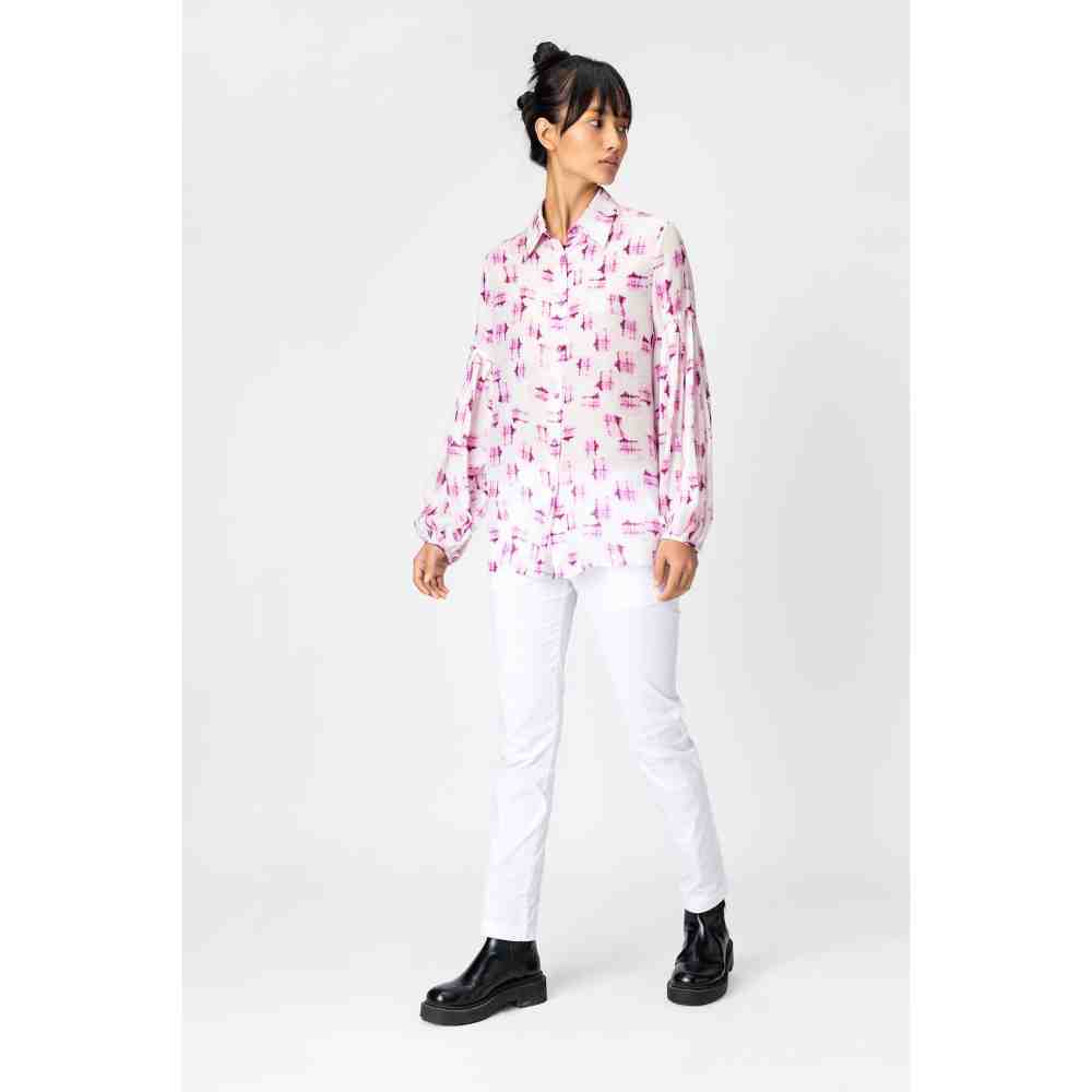 Genes Lecoanet Hemant Orchid Pink Puffed Sleeve Printed Womens Shirt