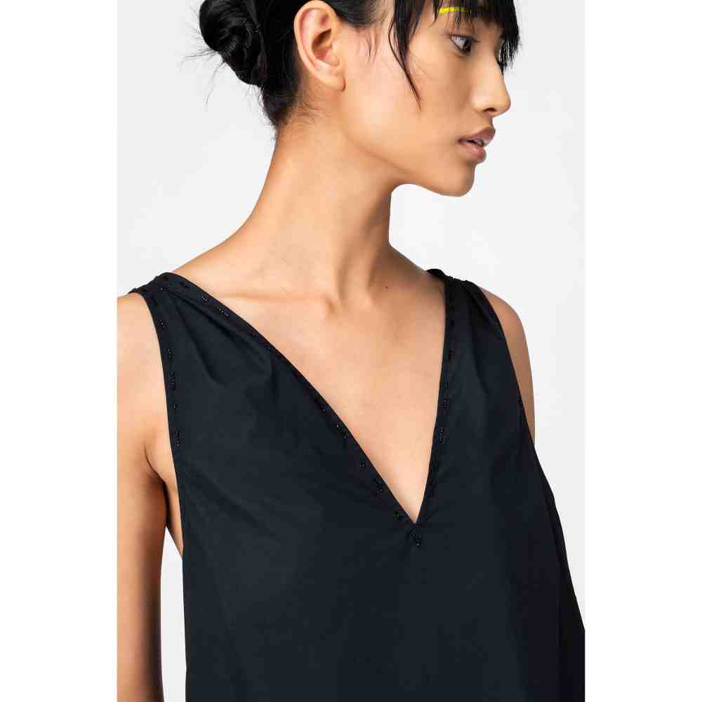 Genes Lecoanet Hemant Black A-Line Dress Embroidered with Tulle and Bugle Beads