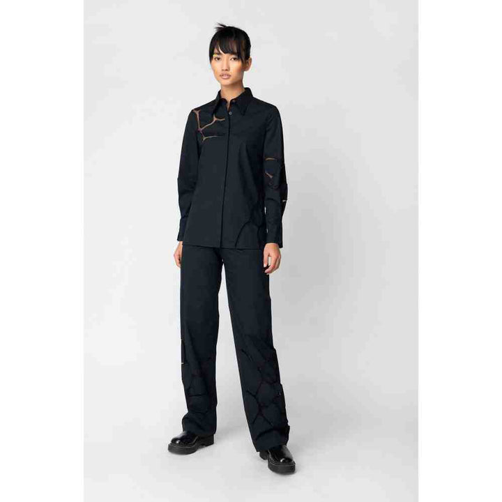Genes Lecoanet Hemant Black Embroidered Pants with Tulle Cut Outs