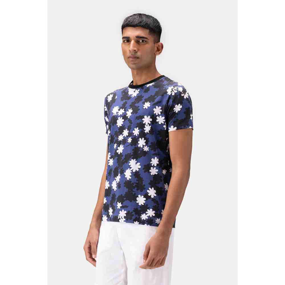 Genes Lecoanet Hemant Blue Floral Collage Mens Cotton T Shirt