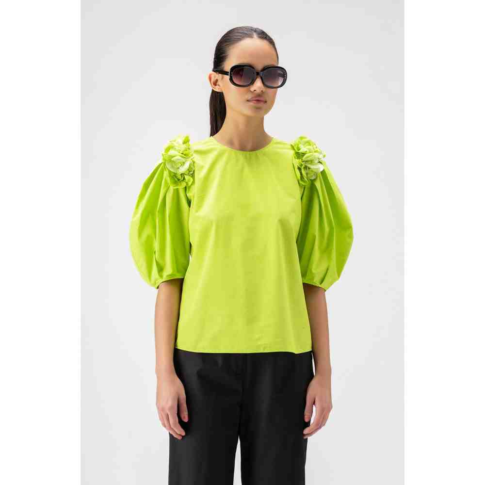 Genes Lecoanet Hemant 3D Floral Embroidered Top With Pleated Sleeves
