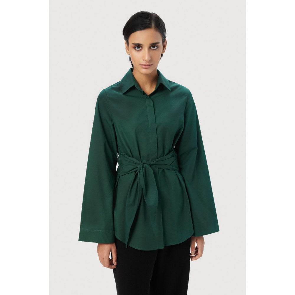 Genes Lecoanet Hemant Slim Fit Shirt with Bell Sleeves & Waist-Tie Straps Green