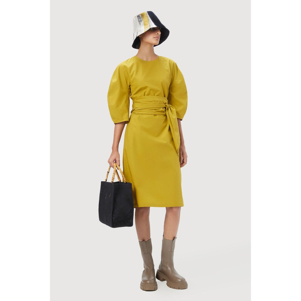 Genes Lecoanet Hemant Slim Fit Round Neck Dress with Soft Rounded Shoulders Mustard