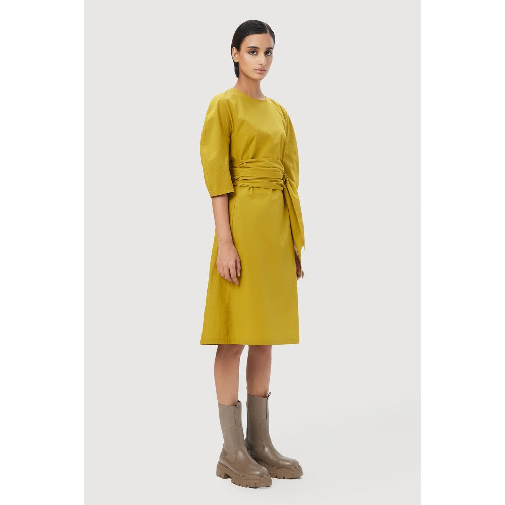 Genes Lecoanet Hemant Slim Fit Round Neck Dress with Soft Rounded Shoulders Mustard
