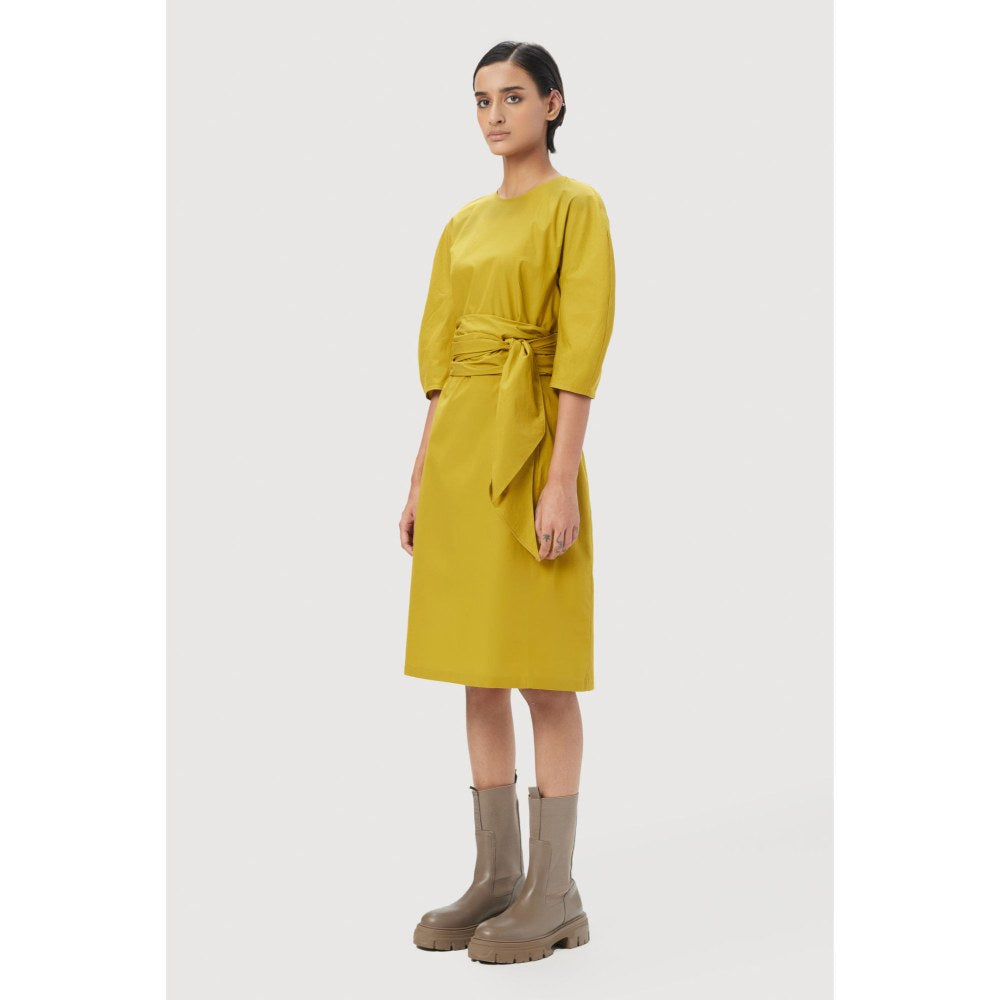 Genes Lecoanet Hemant Slim Fit Round Neck Dress with Soft Rounded Shoulders Mustard