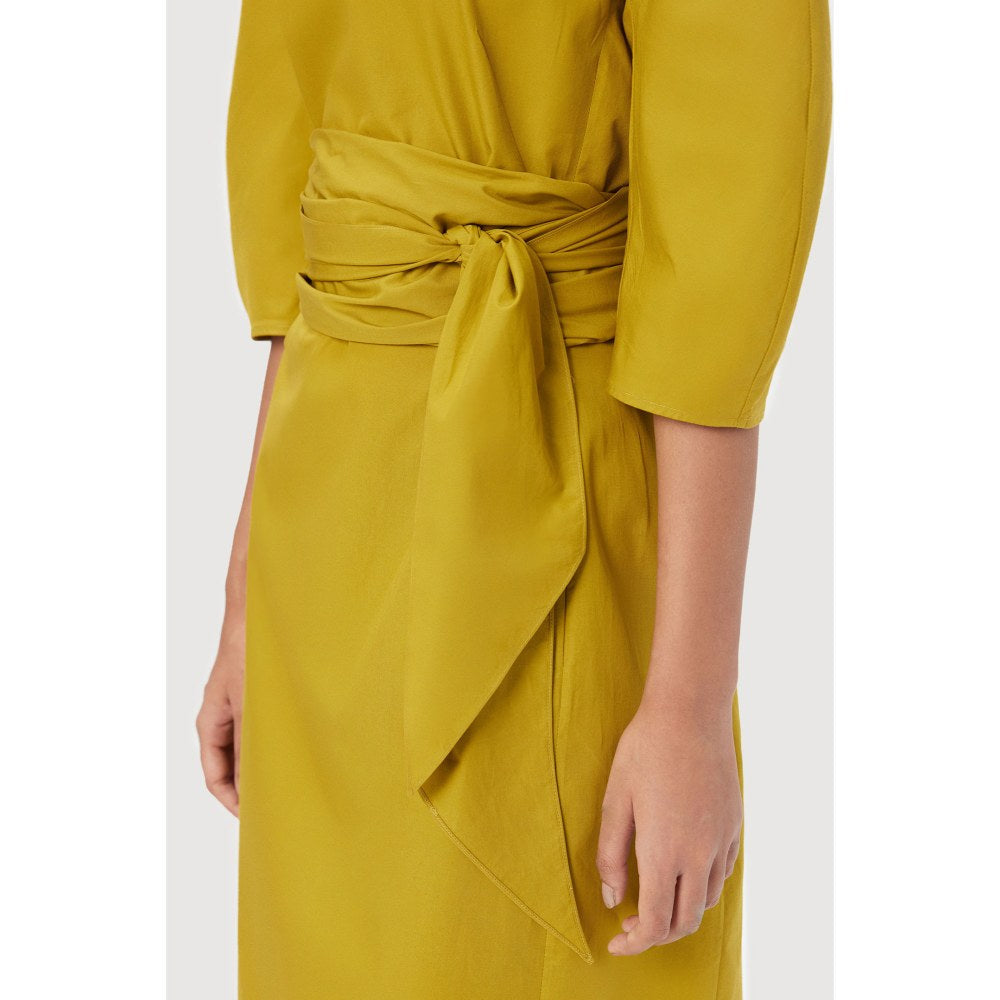Genes Lecoanet Hemant Slim Fit Round Neck Dress with Soft Rounded Shoulders Mustard