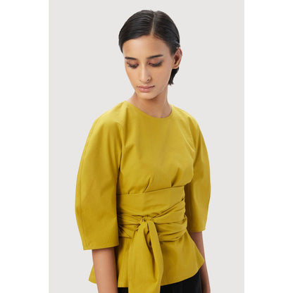 Genes Lecoanet Hemant Slim Fit Round Neck Top with Soft Rounded Shoulders Mustard