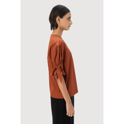 Genes Lecoanet Hemant Straight Fit Round Neck Top Rust