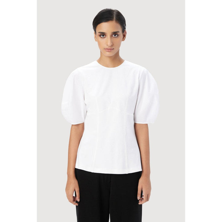 Genes Lecoanet Hemant Slim Fit Round Neck Top with Soft Rounded Sleeves White