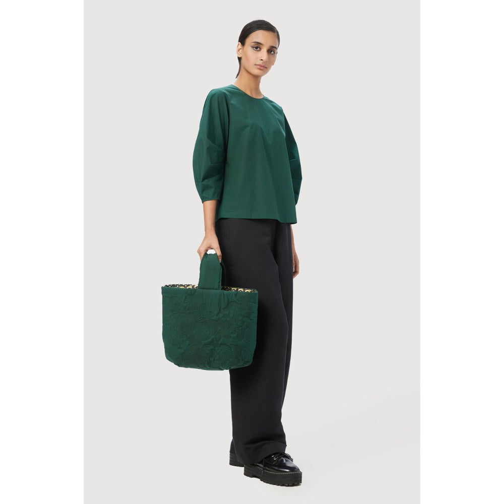 Genes Lecoanet Hemant Straight Fit Round Neck Top with Voluminous Uneven Pleated Sleeves Green