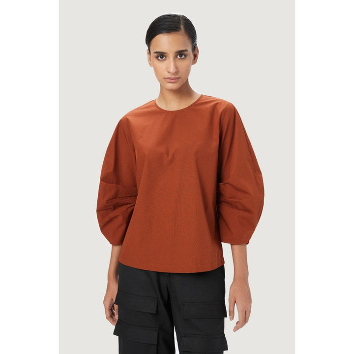 Genes Lecoanet Hemant Straight Fit Round Neck Top with Voluminous Uneven Pleated Sleeves Rust