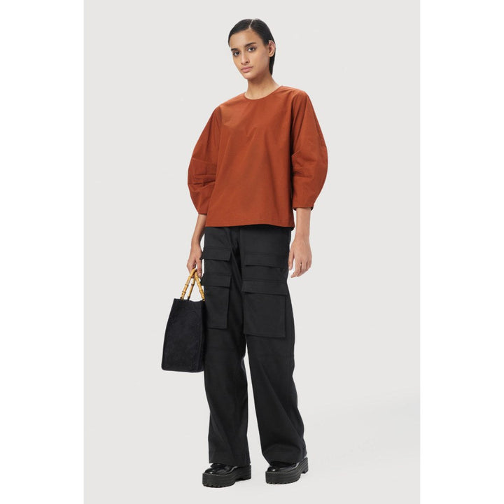 Genes Lecoanet Hemant Straight Fit Round Neck Top with Voluminous Uneven Pleated Sleeves Rust