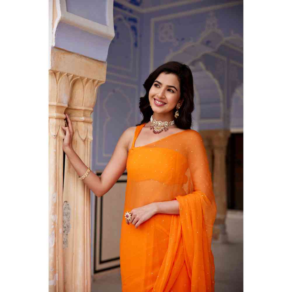 Geroo Jaipur Orange Chiffon Embellished Mukaish Saree with Unstitched Blouse