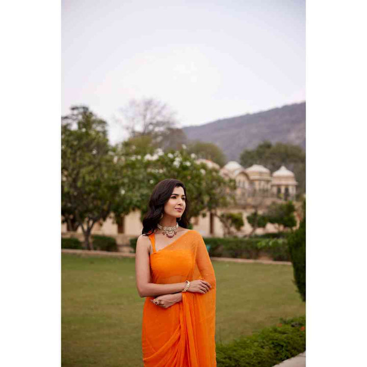 Geroo Jaipur Orange Chiffon Embellished Mukaish Saree with Unstitched Blouse