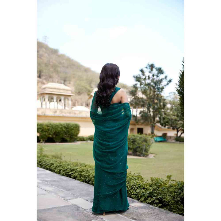 Geroo Jaipur Bottle Green Chiffon Embellished Mukaish Saree with Unstitched Blouse